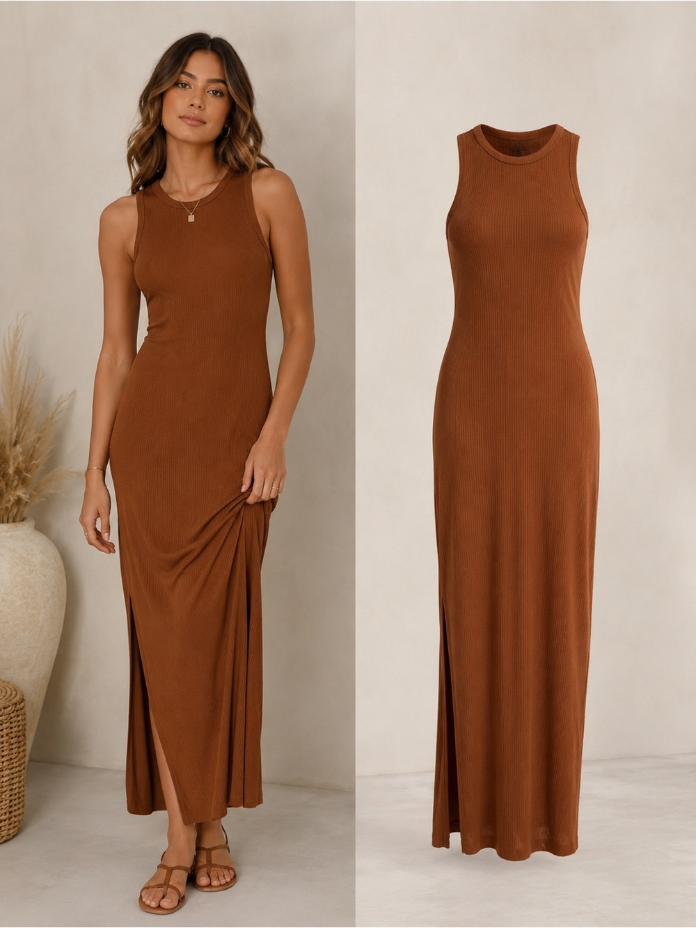 DKNY | Nutmeg Brown Ribbed Maxi Dress | Sleeveless Bodycon Lounge Dress | Small